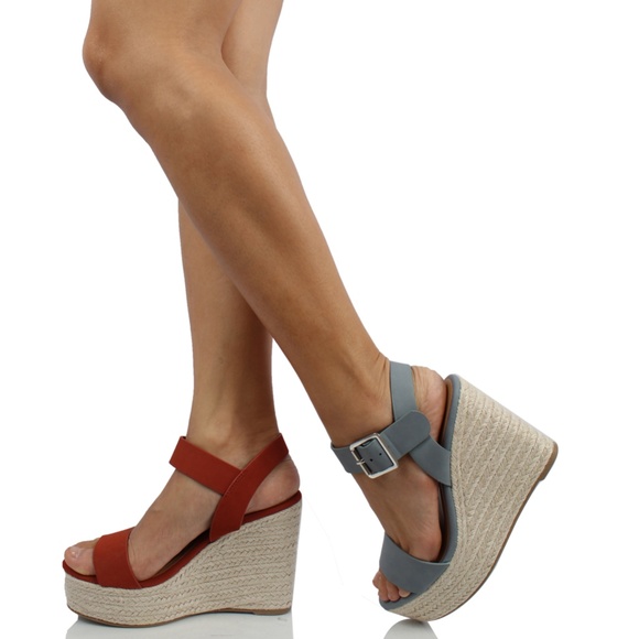 Blue Open Toe Ankle Strap Espadrille Platform Wedg - Picture 6 of 6